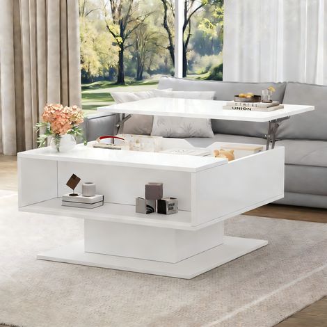 REDOM Table basse relevable 80x75x40 cm, rangement caché et espace semi ouvert, LED, panneau de particules blanc (1/5)
