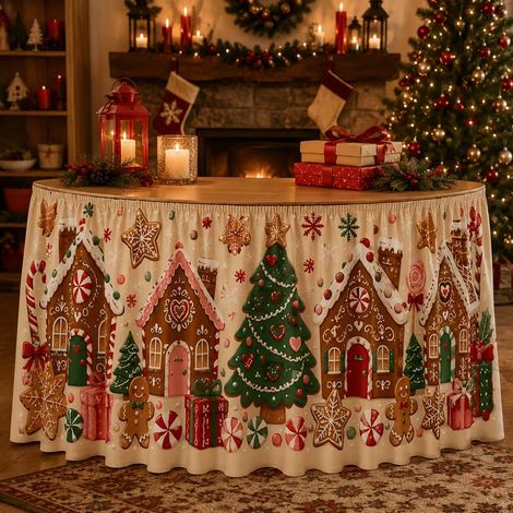 Nappe de Noël style 2026 pour décorations de fête de famille - Tissu décoratif en polyester imprimé bonhomme de neige et sapin de Noël - 275 x 75 cm - 15