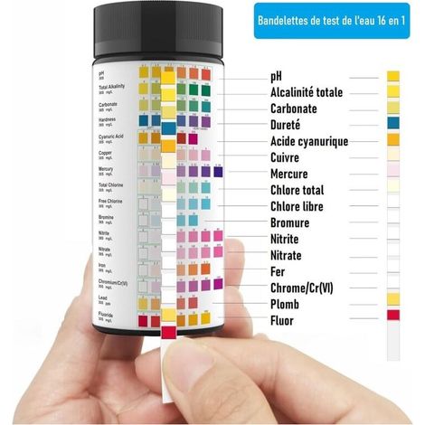 16-en-1 Bandelettes de Test d'Eau (100 unités) – Analyse pH, Nitrites, Chlore, Dureté, Mercure & Plomb dans l'Eau Potable, Piscine, Aquarium