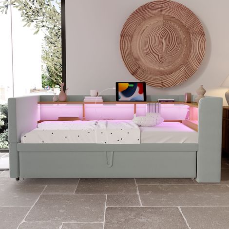 DESMIU Lit Banquette 90/180 × 190 cm 2 places avec LED, prises et rangements, sans matelas, gris clair (1/4)