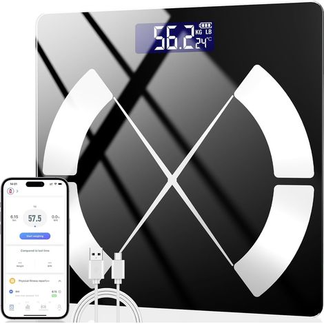 Balance Pese Personne, Pese Personnes avec Application, Balance Bluetooth pour Graisse Corporelle 180kg, IMC, Poids, Masse Musculaire, Eau, Protéines, Muscle Squelettique, Poids Osseux, BMR (1/5)
