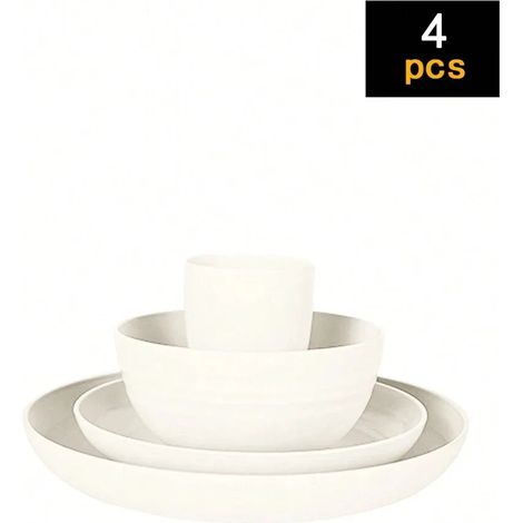 Ensemble de couverts en plastique beige (4 pièces), comprenant une assiette, un bol et une tasse. (1/5)