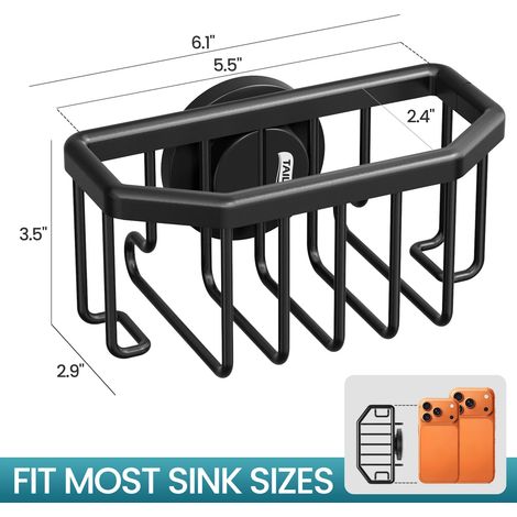 Porte-éponge noir avec ventouse puissante, support amovible pour éponge à vaisselle à placer à l'intérieur de l'évier, en aluminium antirouille pour éponges et brosses. (1/5)