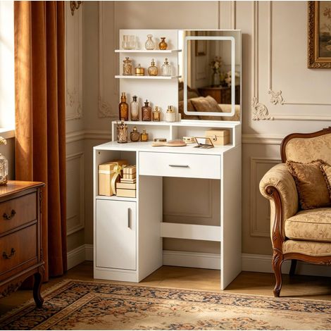 Coiffeuse 80x40x140 cm blanche en bois et verre avec miroir LED 3 couleurs et rangement (1/5)