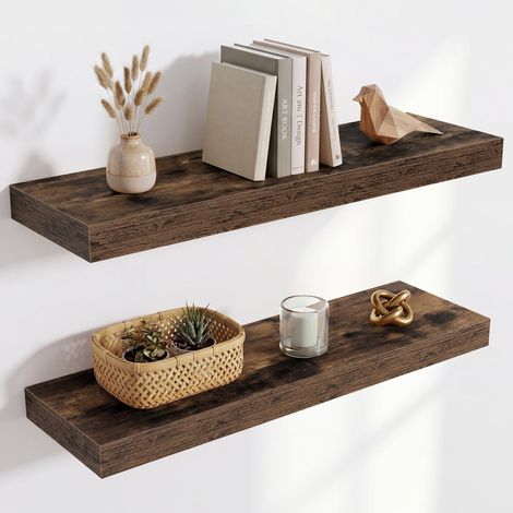 Étagère Murale en Bois, Version Extra résistante, Longueur 60 cm, Tablette Murale pour Salon, Salle de Bain, Chambre, Cuisine, Brun Vintage, Lot de 2 (1/5)