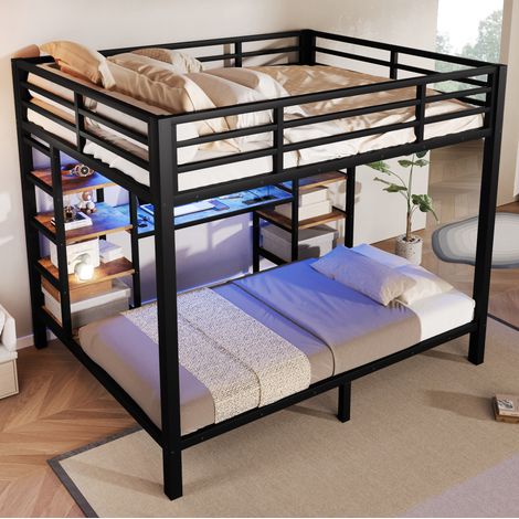 Etagenbett 90x200 cm & 140x200 cm - Schwarzes Metallbettgestell mit USB-C, LED-Beleuchtung & Stauraum (1/5)