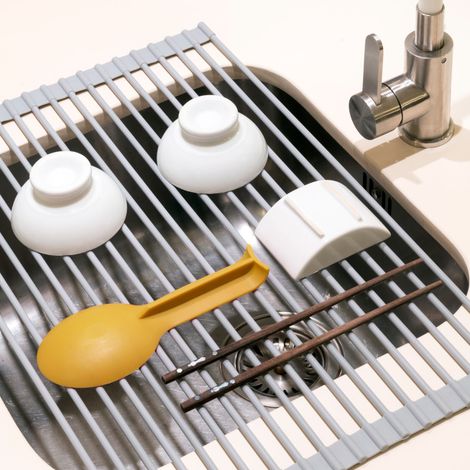 Emuca Égouttoir à vaisselle flexible et enroulable en silicone, Acier et Plastique, Gris (1/8)