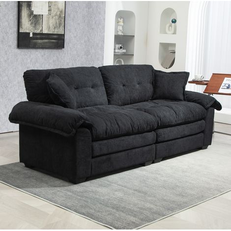 Sofa 214x89x93 cm, Chenille in Schwarz, gepolstert mit Memory-Schaum und Taschenfedern, 2-Sitzer mit tiefem Sitz (1/5)