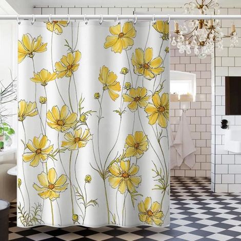 Rideau de Douche Motif de Fleurs Jjaunes 150 x 180cm Imperméable Anti Moisissure Polyester avec Crochets Rideaux Lavable Machine