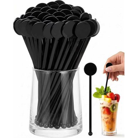 80-teiliges Set mit 18 cm langen Cocktailrührstäbchen aus wiederverwendbarem schwarzem Kunststoff für Getränke, Kaffee und Milch. Ideal für Bars, Partys und Zuhause. (1/5)