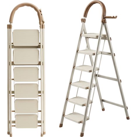Scala beige 6 gradini pieghevole acciaio fino a 150 kg (1/5)