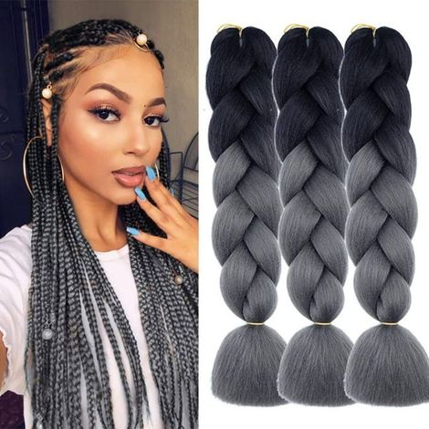 Extensions de tresses ombrées 61 cm (24 pouces), 3 paquets, synthétiques haute température, noir et gris, style jumbo, pour (1/4)