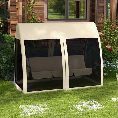 Balancelle de jardin 2 en 1 avec fonction lit, 3 places, toit et moustiquaire, métal, OKWISH (1/5)