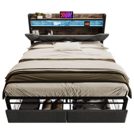 Lit rembourré avec port de chargement USB Type-C, tête de lit avec rangement, éclairage LED et tiroirs  lit simple   sommier à lattes métalliques (1/5)