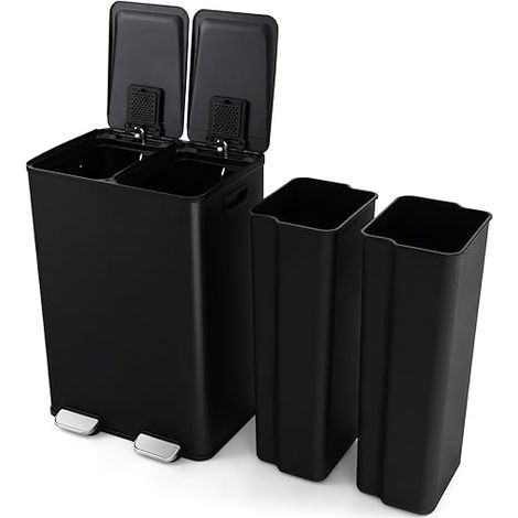 COSTWAY Pattumiera per Differenziata 2 Scomparti, Secchi Spazzatura Differenziata 2 x 30 L, Bidone con Coperchi a Chiusura Morbida, Acciaio Inox Anti-Impronte (Nero)