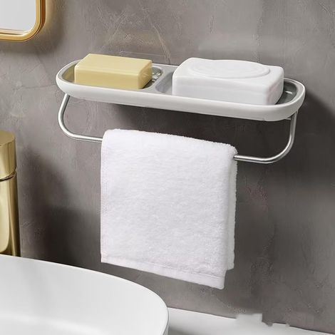 Porte-savon avec porte-serviettes de douche, auto-videur, fixation murale pour salle de bain, gris (1/5)