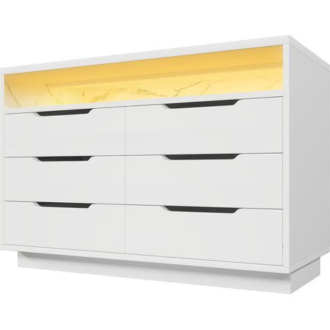 Aparador con LED y 6 cajones 120x40x85 cm en blanco con compartimento de efecto mármol HOMVRA (1/5)