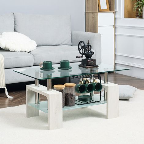 Table basse moderne à deux niveaux en verre et bois, 90 x 50 x 42 cm, blanche (1/5)