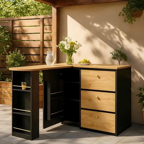 URBAN MEUBLE Table de Bar de Jardin extensible 360° noire effet bois avec motif ondulé (1/5)