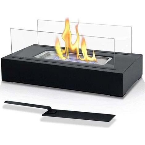 Cheminée bioéthanol,Cheminée éthanol de Table - Portable,Réctangulaire, Noir, en Acier Inoxydable, 2 Panneaux en Verre, pour Intérieur/Extérieur - Poêle Bioéthanol, à Poser au Sol, Mobile (1/4)