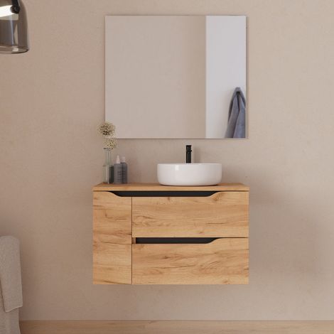 Meuble de salle de bain 80cm avec plateau, vasque à poser déportée à droite Ares et miroir - 2 tiroirs et un placard - roble (chêne clair) - ZARZA