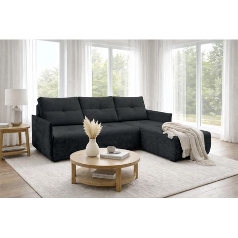 AX LIVING Ecksofa Damascus Schwarz mit Schlaffunktion Bettkasten Schlafsofa 212 cm rechts