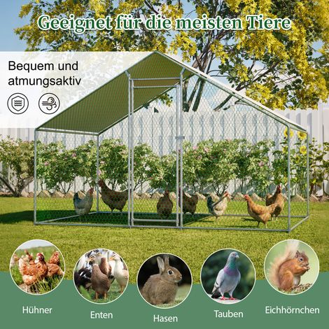 Enclos à poules 3x2x2m avec cadenas de sécurité et bâche PE imperméable, cage de plein air en métal pour poules, lapins et petits animaux (1/5)