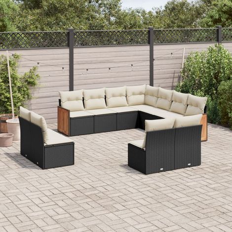 Ensemble Salon Jardin 11 Pièces Résine Tressée Noir avec Coussins Crème - Canapé d'Angle, Sièges Centraux et Accoudoirs (1/5)