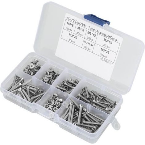Vis M3 - Tête Plate À Six Pans Creux - Acier Inoxydable 304 - Pour Fixation Industrielle Et Domestique - 260 Pièces Avec Boîte De Rangement (1/4)