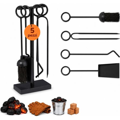 Relaxdays Set da 5 Attrezzi da Camino o Stufa, Attizzatoio, Pala, Scopino, Pinza e Supporto Porta Utensili, Ferro, Nero (1/5)
