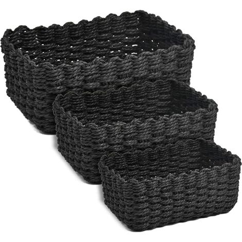 GROOFOO Lot de 3 Paniers en Osier pour Rangement Salle de Bain - Corbeille Écologique en Papier pour Jouets, Cosmétiques, Linges et Accessoires (Noir）