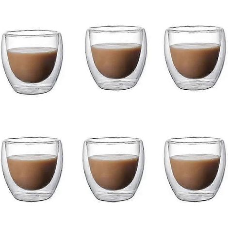 Lot de 6 tasses à café en verre transparent à double paroi, avec isolation thermique, 80 ml chacune. (1/5)