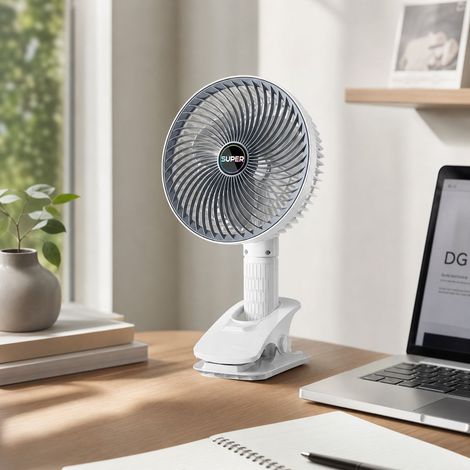 Ventilateur USB Rechargeable 4-en-1 Mural Pince Table Portatif, Rotation 360°, 3 Vitesses Silencieux, Type-C, Gris Blanc (1/4)