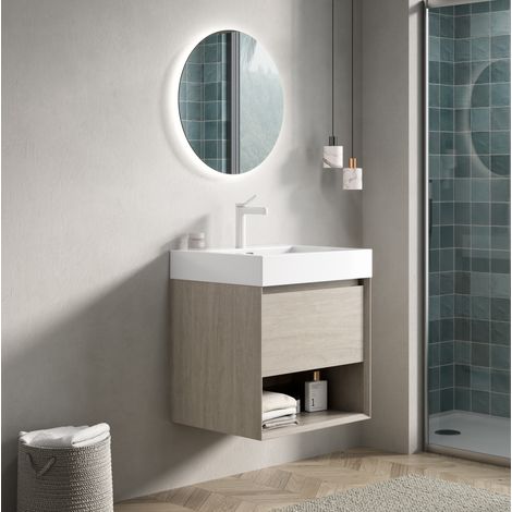 Mueble de lavabo suspendido 55 cm en resina blanca y roble claro con almacenaje FloraGrace (1/5)