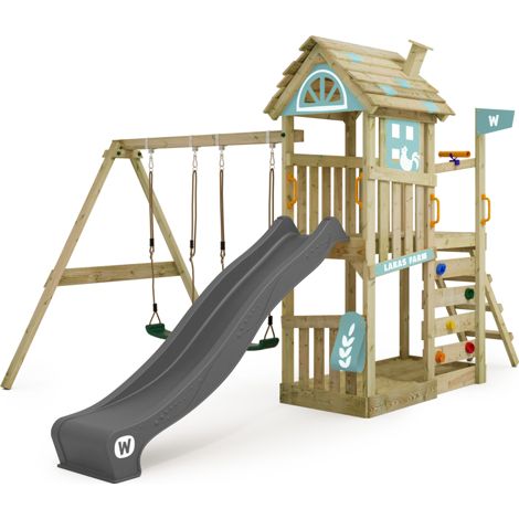 Parque infantil de madera Wickey FarmFlyer estilo granja con Tobogan en azul cielo