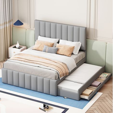 Cama tapizada clásica gris 140x200 cm con cabecero regulable, cama nido 90x190 y 3 cajones