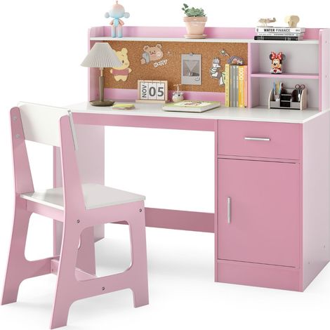 Set scrivania e sedia per studenti con mensole e cassetto, Tavolo e sedia per camera da letto e asilo nido Rosa (1/4)
