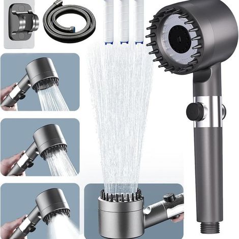 Pommeau Douche Haute Pression,Pommeau De Douche Anti Calcaire,Avec 15 Étapes FiltreX3 et Tuyau 1,5M,Support, 3 Types de Jets Douchette Douche Salle de Bain,ON/Off D'arrêt D'eau (1/4)