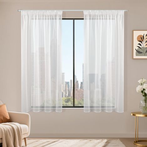Lot de 2 Rideau Voilage Fenetre Blanc 140x160 cm(LxH) avec Galon Fronceur, Transparent Moderne Rideaux et Draperies Décorations Intérieurs Cuisine Salon Chambre Élégant Romantique (1/5)