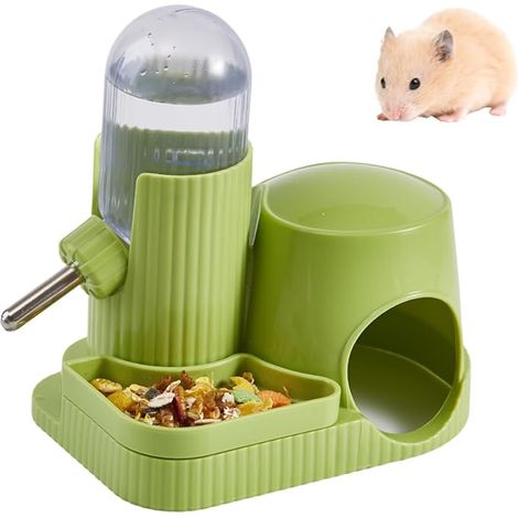Hamster Water Bottle Automatic Dispenser with Bowl and Shelter for Gerbil Rat Hamster Dwarf Mouse (Green, 100ml) (1/2)