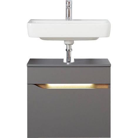 Badezimmer Waschbeckenunterschrank mit Griffbeleuchtung QENA-66 in Quarzgrau Matt Touch mit Riviera Eiche Nb., B/H/T ca. 60/53/33 cm (1/5)