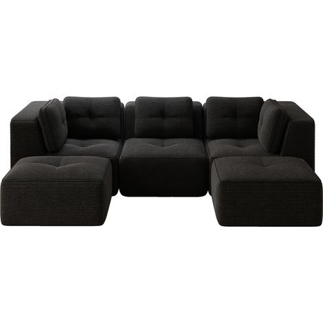 Canapé d’angle modulaire noir 3 places en velours côtelé, mousse haute densité 32D, assise profonde 74 cm, sans montage (1/5)