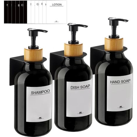 3 Pièces Distributeur Savon Mural, Distributeur de Savon 500ml avec Étiquettes No Perçage pour Cuisine et Salle de Bain - Noir (1/5)