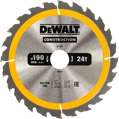 Dewalt – Lame de scie circulaire 190mm – 24 dents – Ø30mm – Carbure de tungstène – Pour bois dur et teck – Coupe nette sans éclat