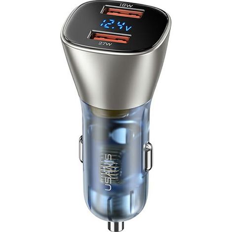 Cargador de coche USAMS de 45 W con carga rápida, 2 puertos USB-A, color dorado.