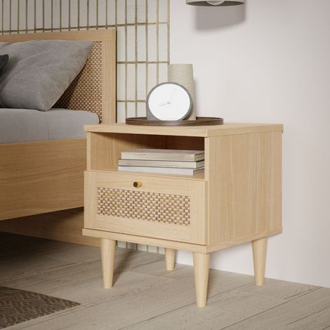 Comodino Livia 1 cassetto in rovere con dettaglio effetto rattan 45.4x41.4x54.5H (1/5)