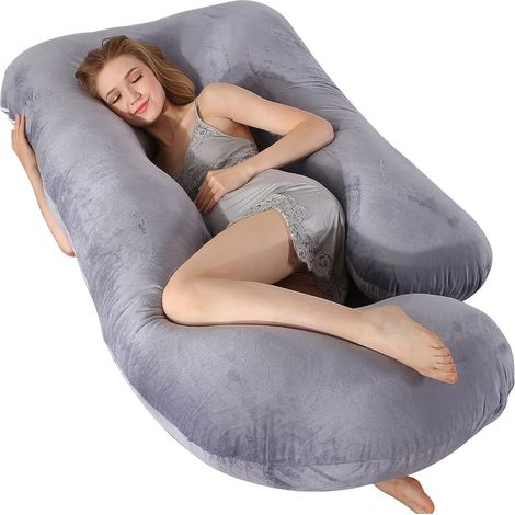 Oreiller de Grossesse rafraîchissant en Forme de U pour Femme Enceinte avec Housse en Velours Amovible et Lavable de 152,4 cm (Gris) (1/5)
