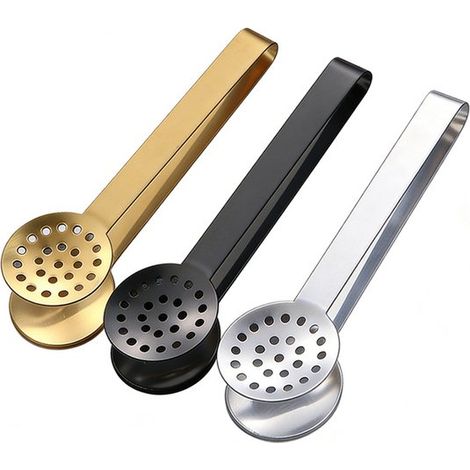 Set di 3 pinze per bustine di tè in acciaio inossidabile nei colori argento, oro e nero, con morsetto perforato per afferrare le bustine di tè calde, elegante accessorio da cucina per casa e bar. (1/5)