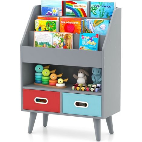 COSTWAY Kids Bookshelf Wooden Children’s Book Display Rack 3-Tier shelves-Grey