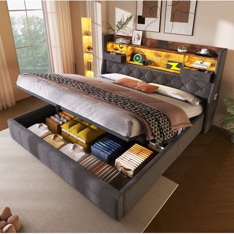 Bett Leinen Grau 140x190 cm mit Stauraum, LED-Kopfteil, USB/Type-C und Lattenrost (1/5)